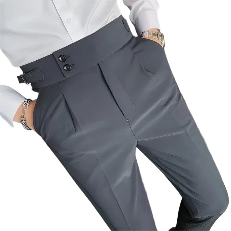Men Vintage Pencil Pants | High Waisted Suit Pant | Slim Fit Pants with Buttons | Business Casual Straight Trousers Grey