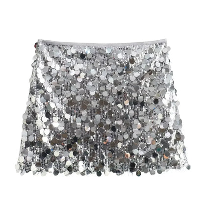 Women Summer Sequined Mini Skirt | Vintage High Waist Skirt Silver