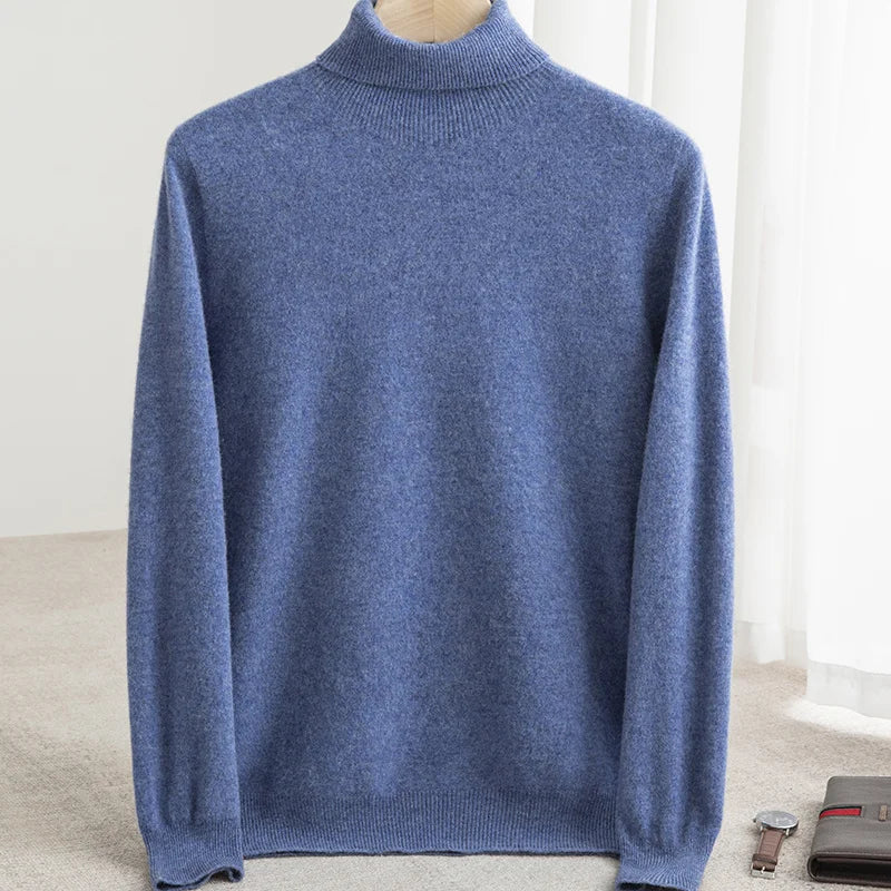 Men Merino Wool Turtleneck Knitted Pullover | Merino Wool Sweater | Cashmere Warm Knit Top Blue