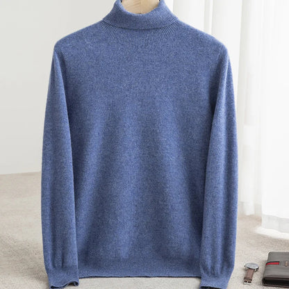 Men Merino Wool Turtleneck Knitted Pullover | Merino Wool Sweater | Cashmere Warm Knit Top Blue