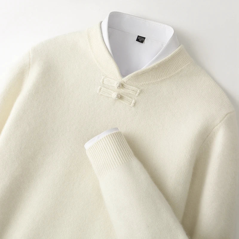 Men Pure Merino Wool Sweater | Long Sleeves | Stand-Up Collar | Pullover | Warm | Mock Neck Sweater White