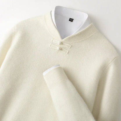 Men Pure Merino Wool Sweater | Long Sleeves | Stand-Up Collar | Pullover | Warm | Mock Neck Sweater White