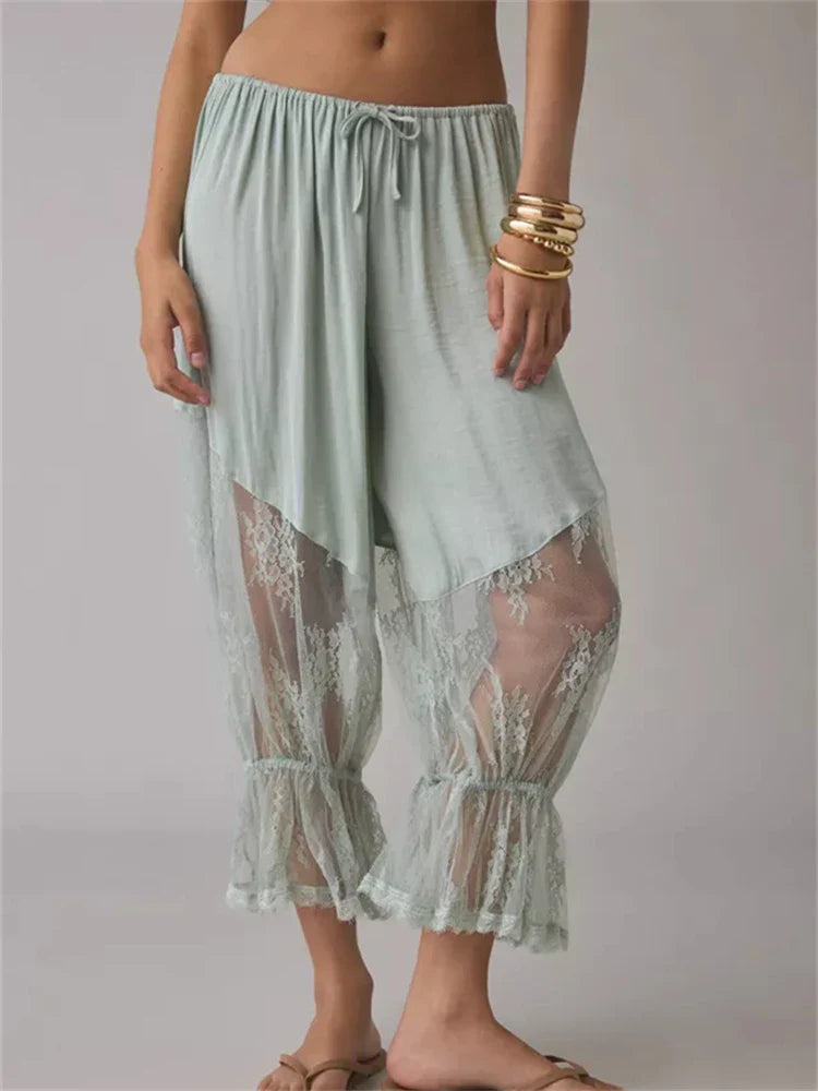 Women Loose Fit Bloomers Cropped Pants | High Waist | Floral Lace | Lantern Trousers
