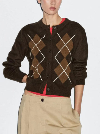 Women Diamond Plaid Round Neck Cardigan | Knitted Sweater | Autumn