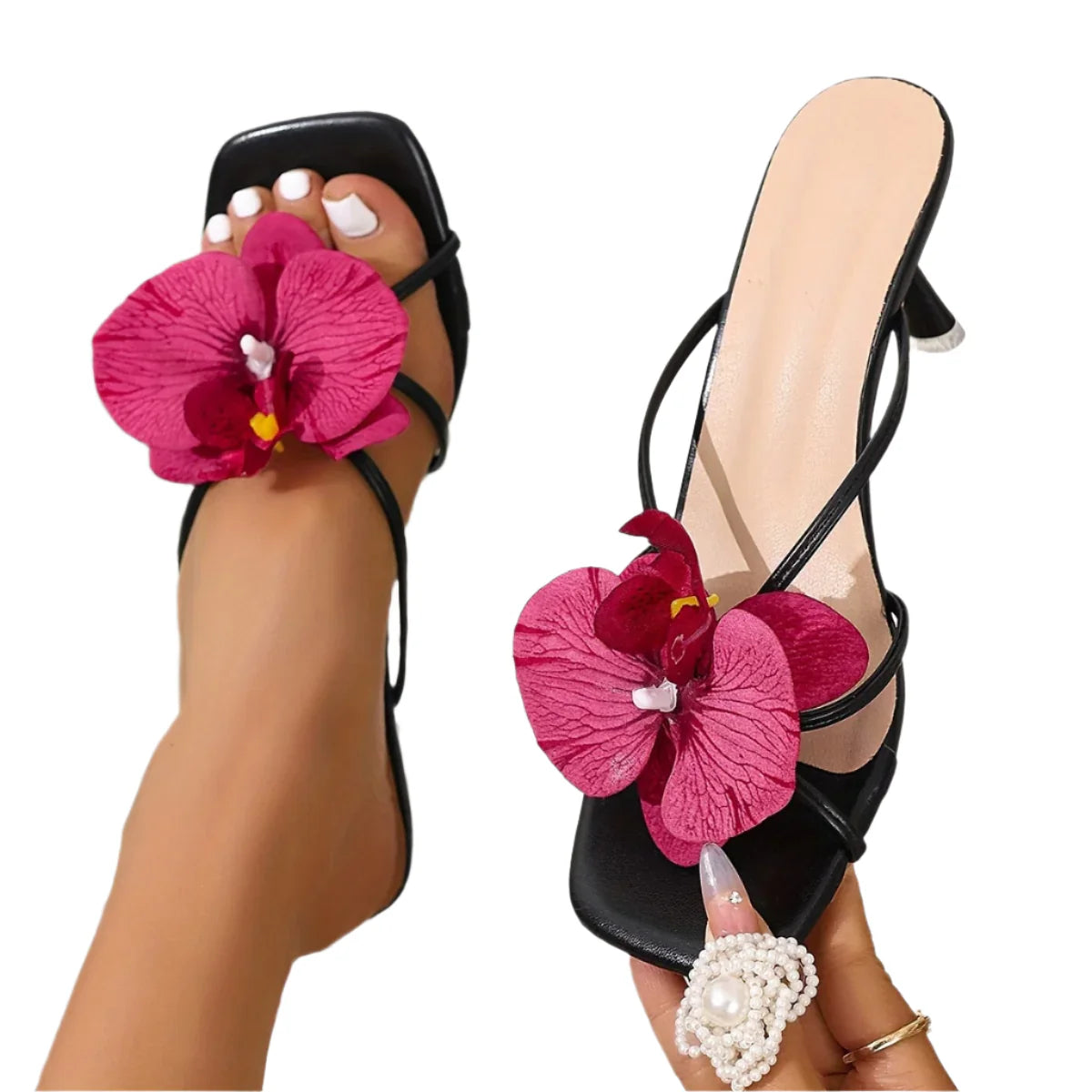 Women Elegant Square Toe | Flower Designer Slippers | Sandals | Party Heels black