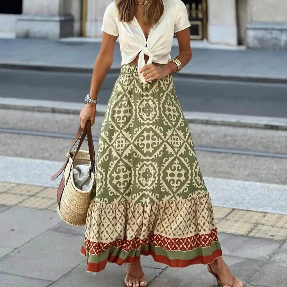 Seville | Women's Boho Maxi Skirt High Waist Floral Print Ruffle