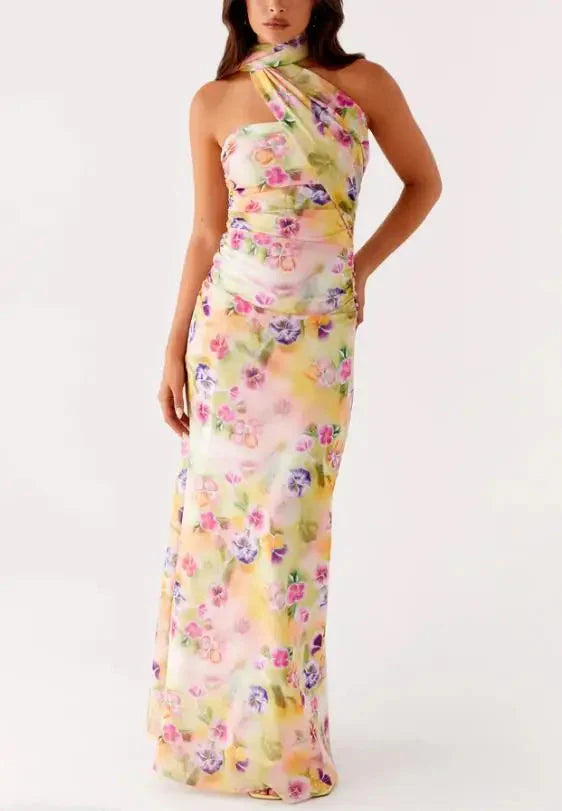Women Floral Print Long Dress | Tube Dress | Summer | Strapless Dress with Choker Scarf
