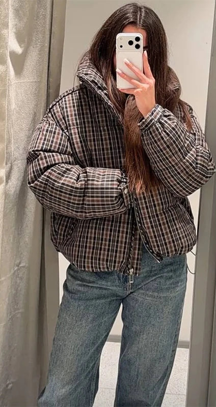 Women Plaid Puffer Jacket | Stand-Collar | Padded | Warm | Check | Parkas Jacket