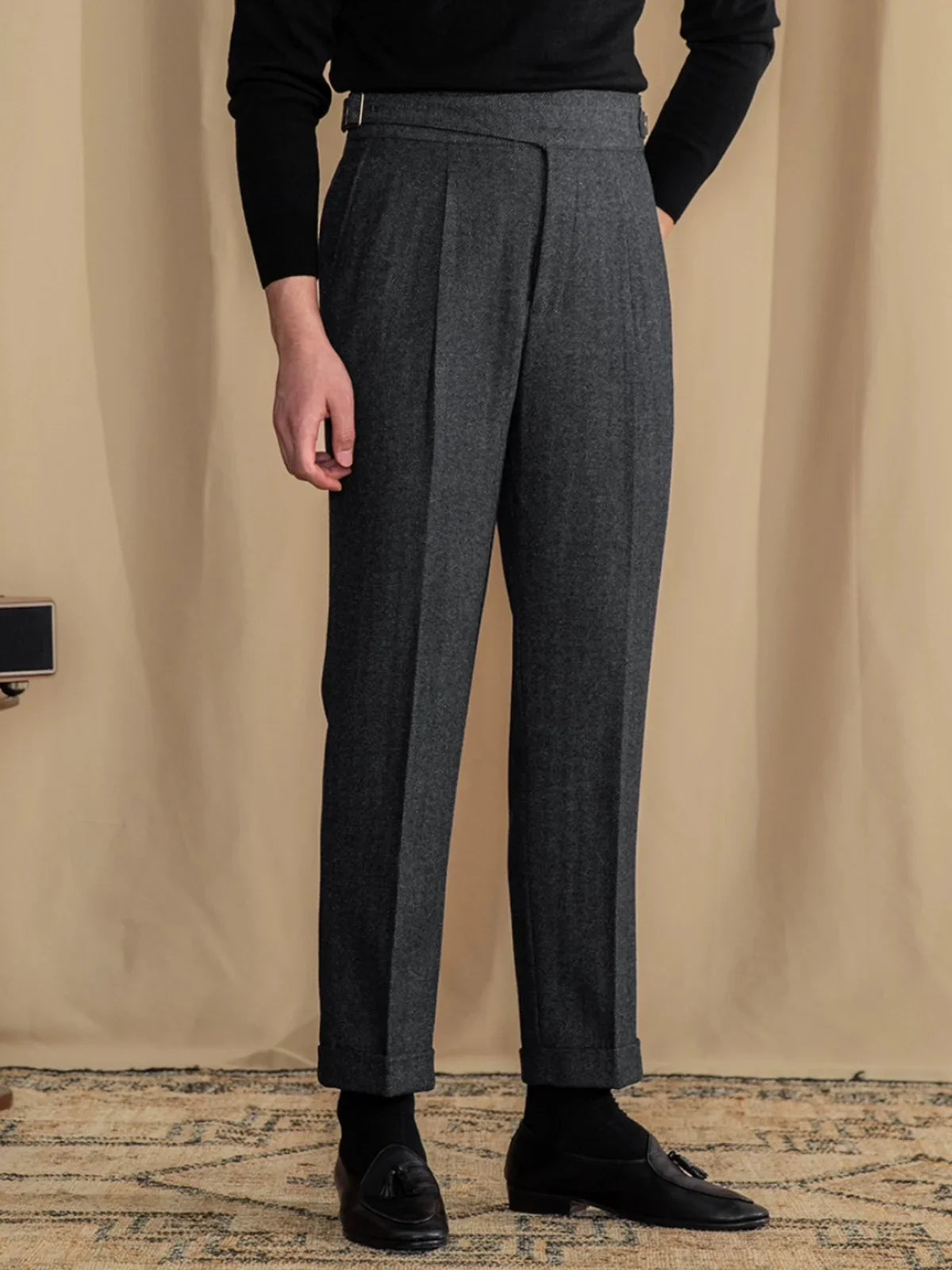 Men Vintage Wool Herringbone Pattern Pants | Casual | British | Warm | High Waist | Straight Pants
