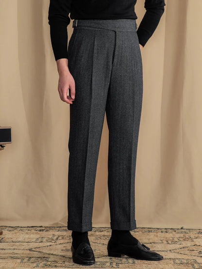 Men Vintage Wool Herringbone Pattern Pants | Casual | British | Warm | High Waist | Straight Pants
