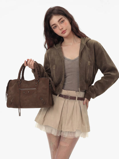 Women Paris Retro Motorcycle Bag | Large Capacity | Suede Leather Bag | Crossbody