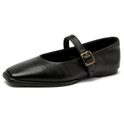 Women Mary Jane Shoes | Genuine Leather | Ballet Shoes | Square Toe Flat Shoes black