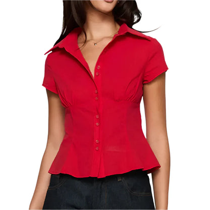 Women Short Sleeve Plaid Button Down Shirt | Button Down Blouse | Fitted Top red