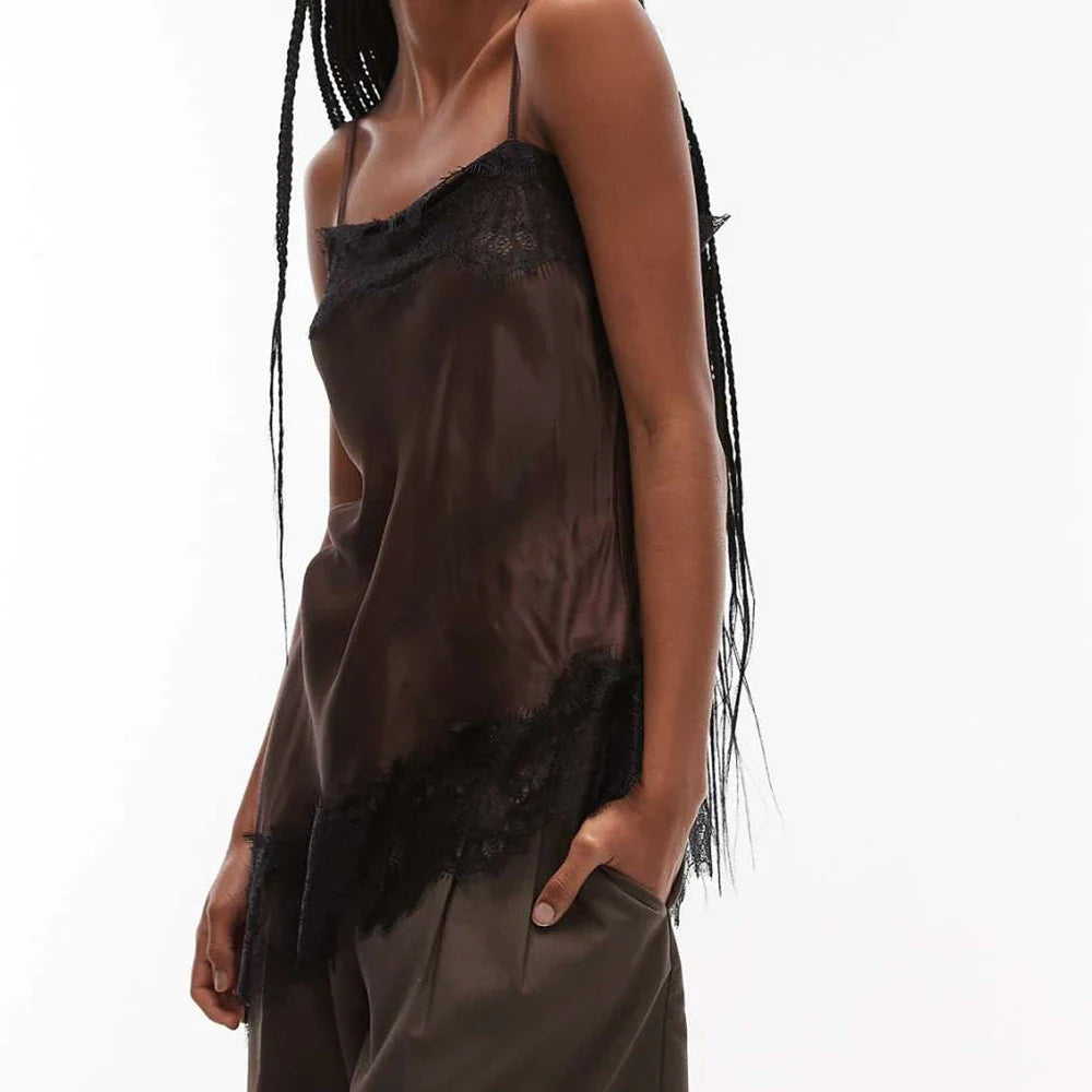 Women Summer Vintage Lace Satin Asymmetrical Slip Top | Tank Top | Sleeveless | Backless | Spaghetti Strap Dark Brown