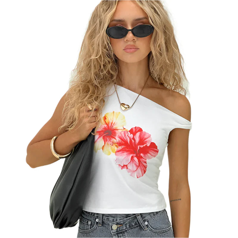 Women One Shoulder Backless Tank Top | Floral Printed Sleeveless Crop Top | Summer Graphic Top