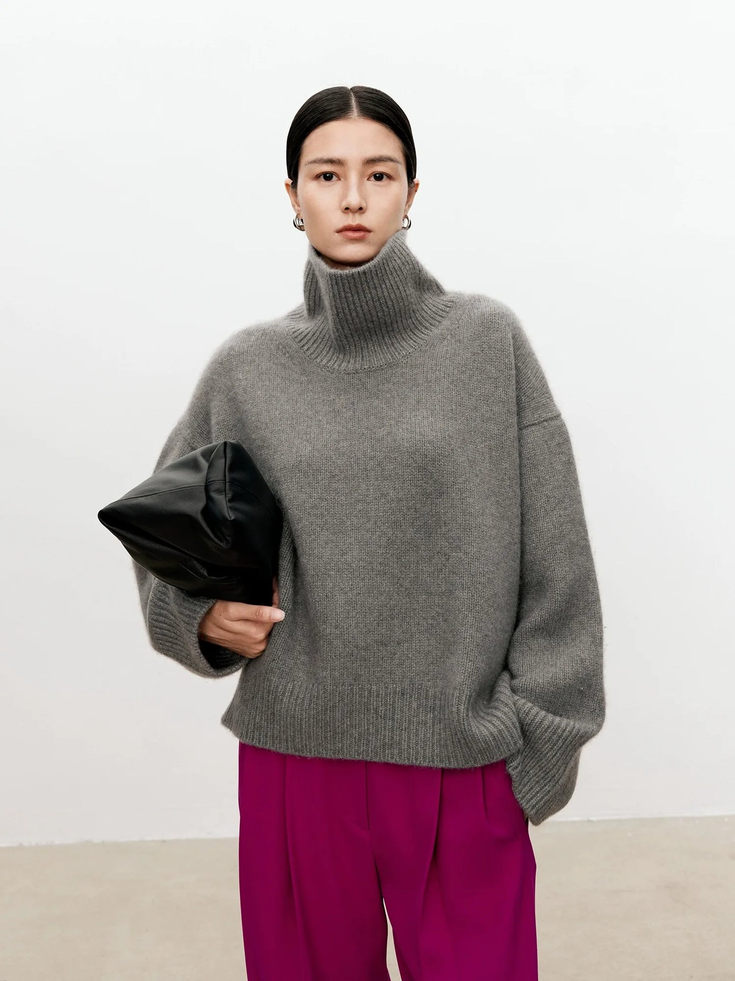 Women Soft Cashmere Sweater | Loose and Thick Turtleneck Pullover Knit gray