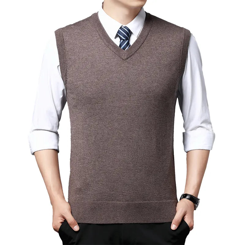 Men Knitted Cotton Sweater Vest | Casual Warm Winter V-Neck Outerwear Khaki