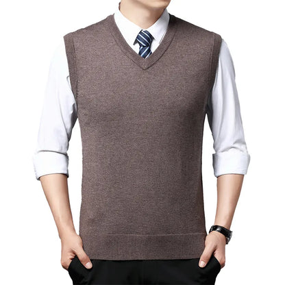 Men Knitted Cotton Sweater Vest | Casual Warm Winter V-Neck Outerwear Khaki