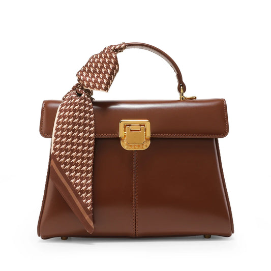 Women Leather Handbag | Crossbody Bag With Scarf Decor Chocolate