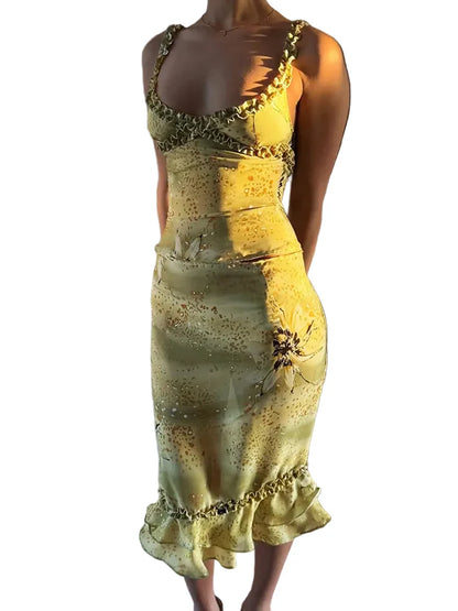 Women Ruffle Floral Set | Y2K | Camisole Top | Tiered Skirt | Vacation | See Through