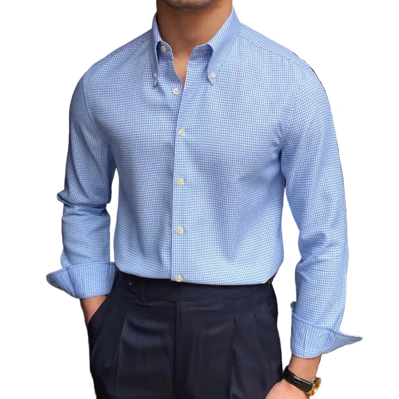Men British Slim Shirt | Office Tuxedo Shirt | Business | Lattice Shirt | Cuban Collar | Long Sleeve Shirt Blue