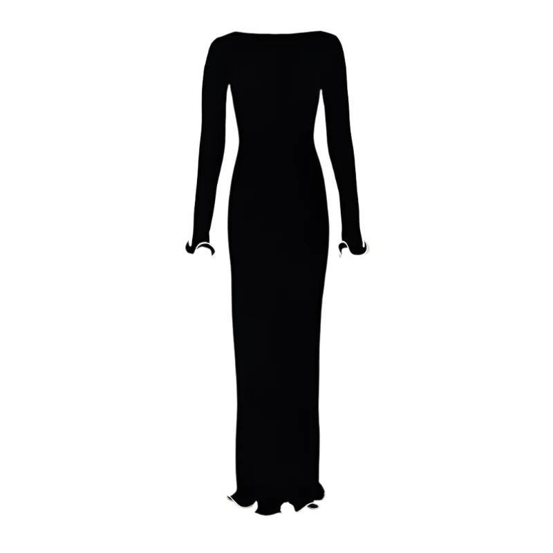 Women Color Contrast Knitted Maxi Dress | Long Sleeves Party Dress Black