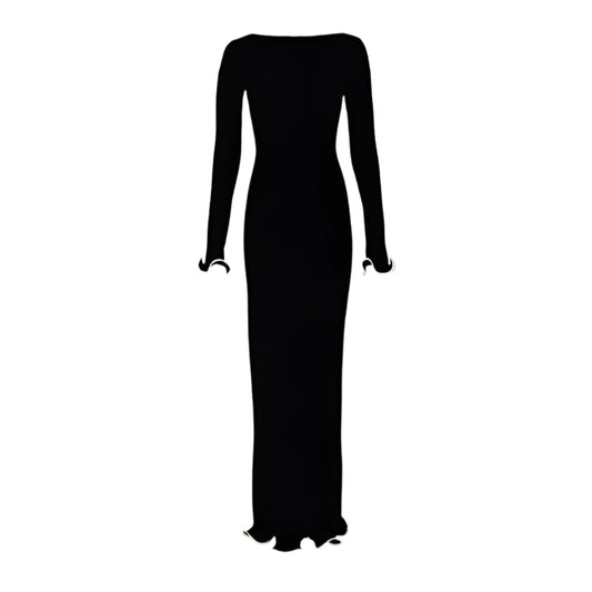 Women Color Contrast Knitted Maxi Dress | Long Sleeves Party Dress Black