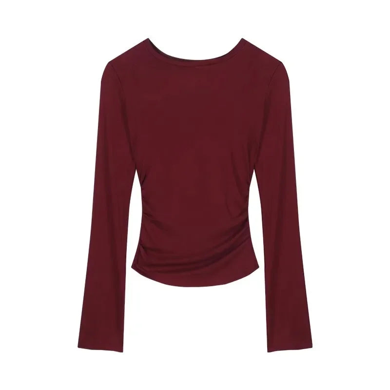 Women Burgundy Two-Piece Suit | Long Sleeve T-Shirt and High Waist Leather Skirt Top