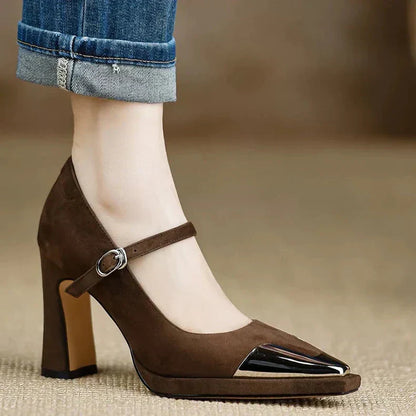 Serena | Women's Mary Jane High Heel Pumps Cap Toe Block Heel Strap