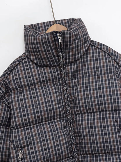 Women Plaid Puffer Jacket | Stand-Collar | Padded | Warm | Check | Parkas Jacket