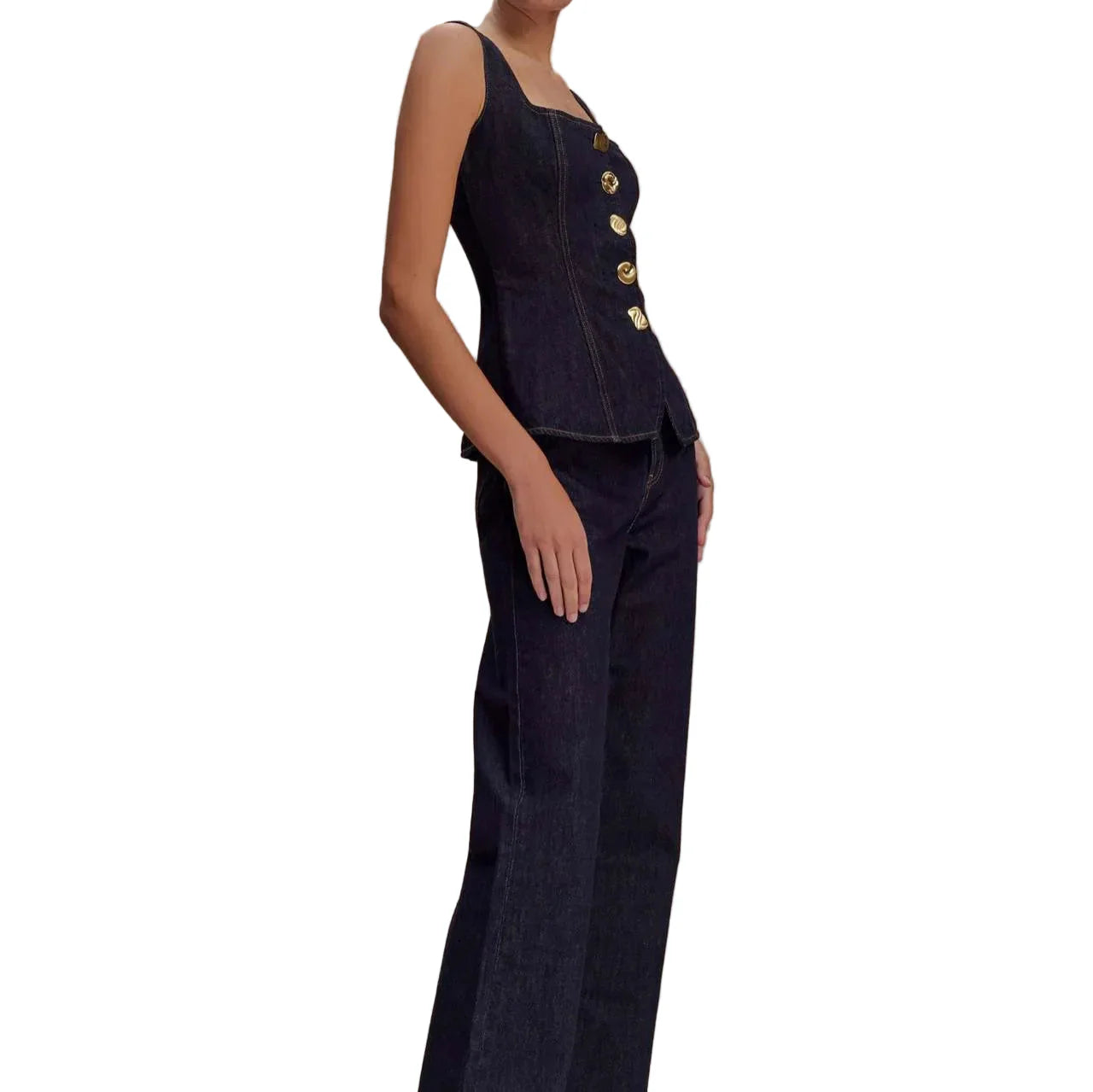 Women Summer Denim High Waist Button Down Top | Vest | Denim Pants | Set