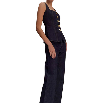 Women Summer Denim High Waist Button Down Top | Vest | Denim Pants | Set