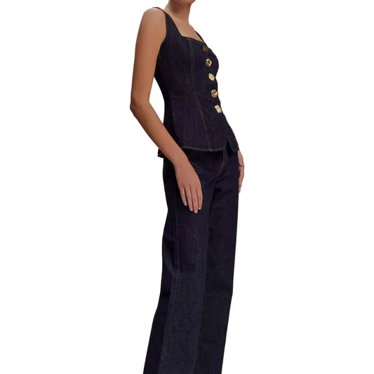 Women Summer Denim High Waist Button Down Top | Vest | Denim Pants | Set