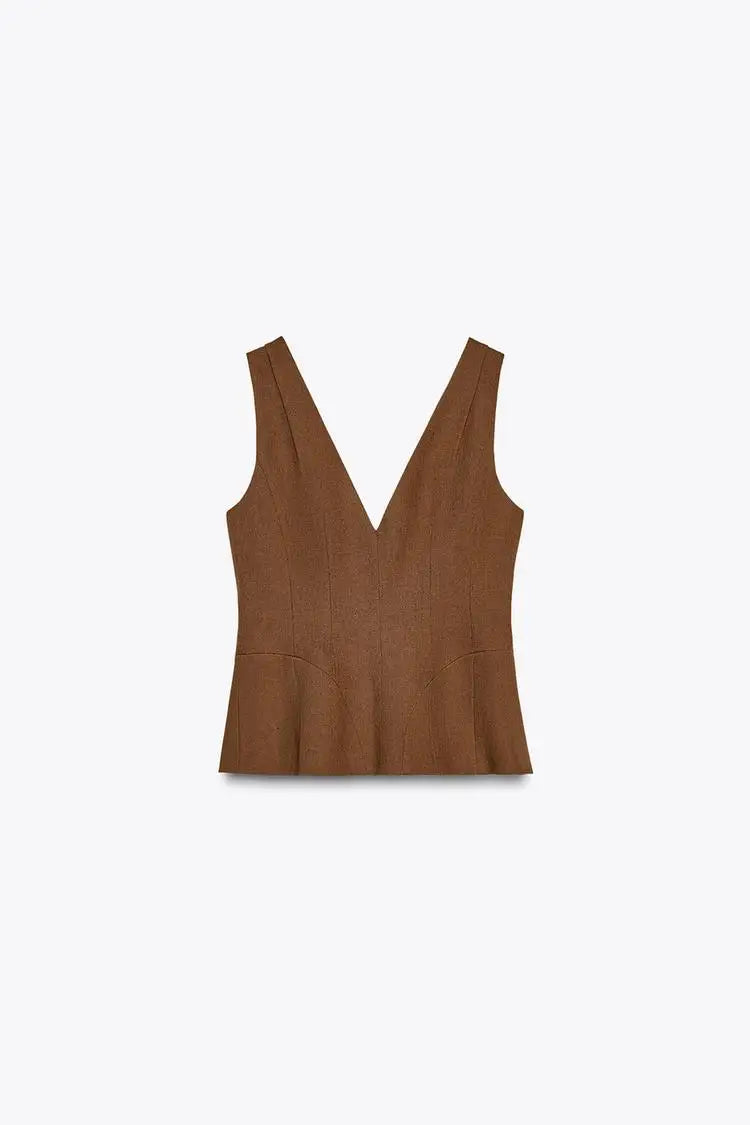 Women Brown Casual Pleated Pants | V Neck Vest Top | Set
