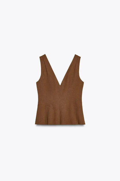 Women Brown Casual Pleated Pants | V Neck Vest Top | Set