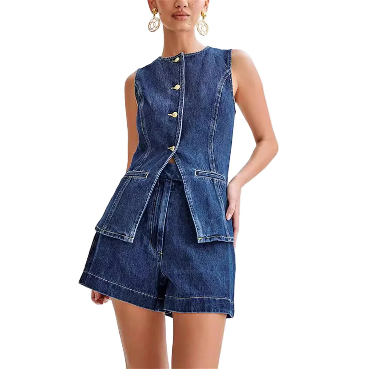 Women Summer Denim Vest | Denim Top | High Waist Wide Leg Shorts | Set Set