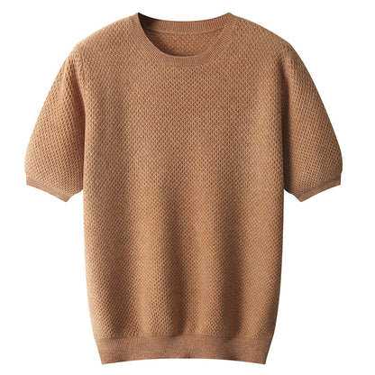 Men Short Sleeves Wool Sweater | Wool Solid Color T-Neck Pullover Golden