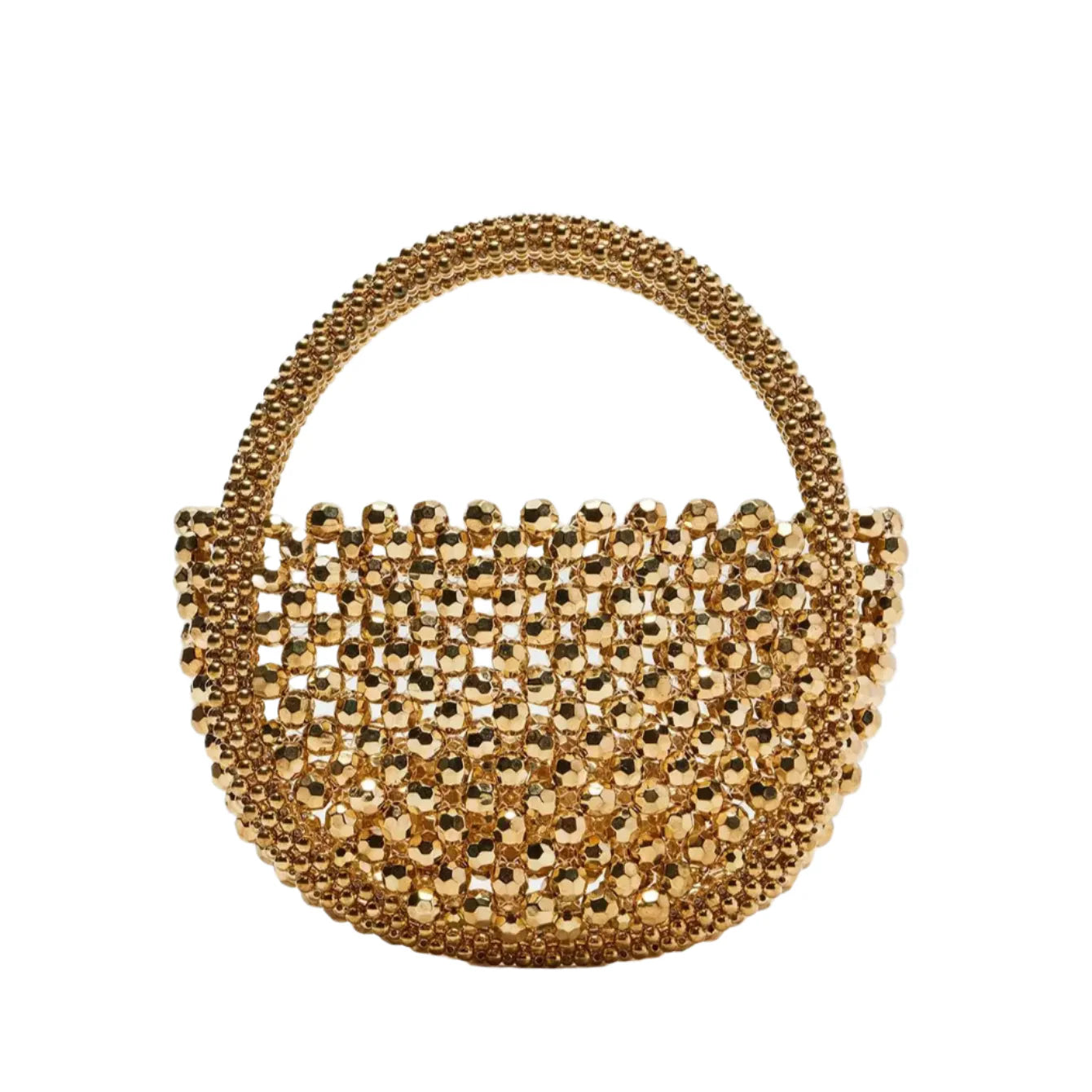 Women Hollow Hand-Made Metal Gold Beads Woven Handbag | Pearl Bag | Round Handbag Gold