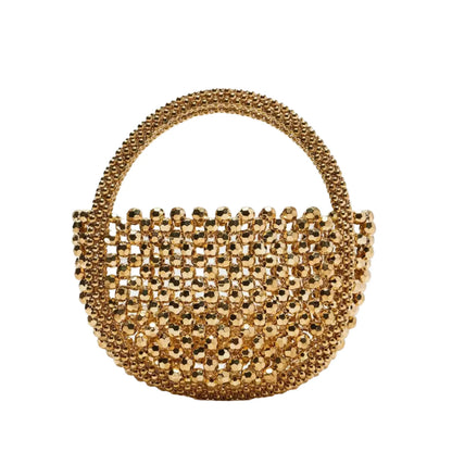 Women Hollow Hand-Made Metal Gold Beads Woven Handbag | Pearl Bag | Round Handbag Gold