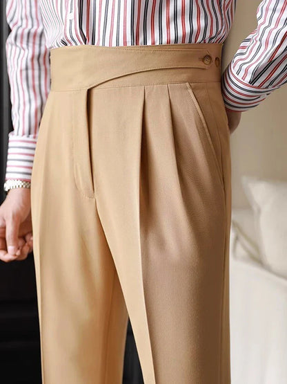Men Naples Trousers | Belt-up High Waist Slim Pants | Business Casual Straight Pants Khaki