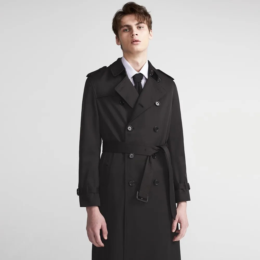 Men Long Trench Coat with Belt | Double Breasted | Elegant | Luxury British Style | Overcoat | Long Coat Black
