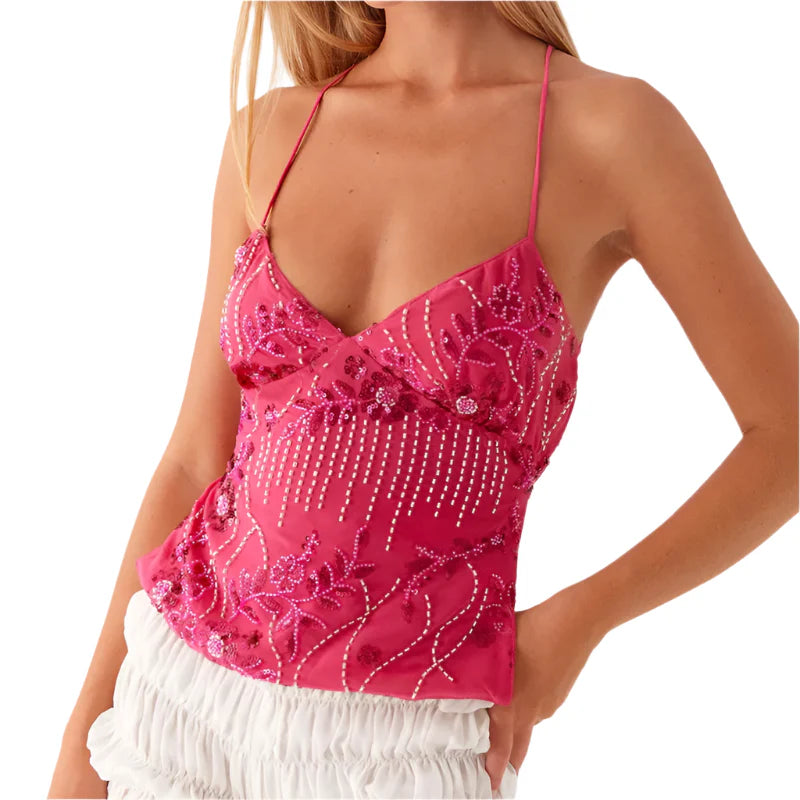 Women Sequin Halter Crop Top | Pearl Embellished Cami Top | Summer Glitter Rhinestone Camisole Tank Top hot pink
