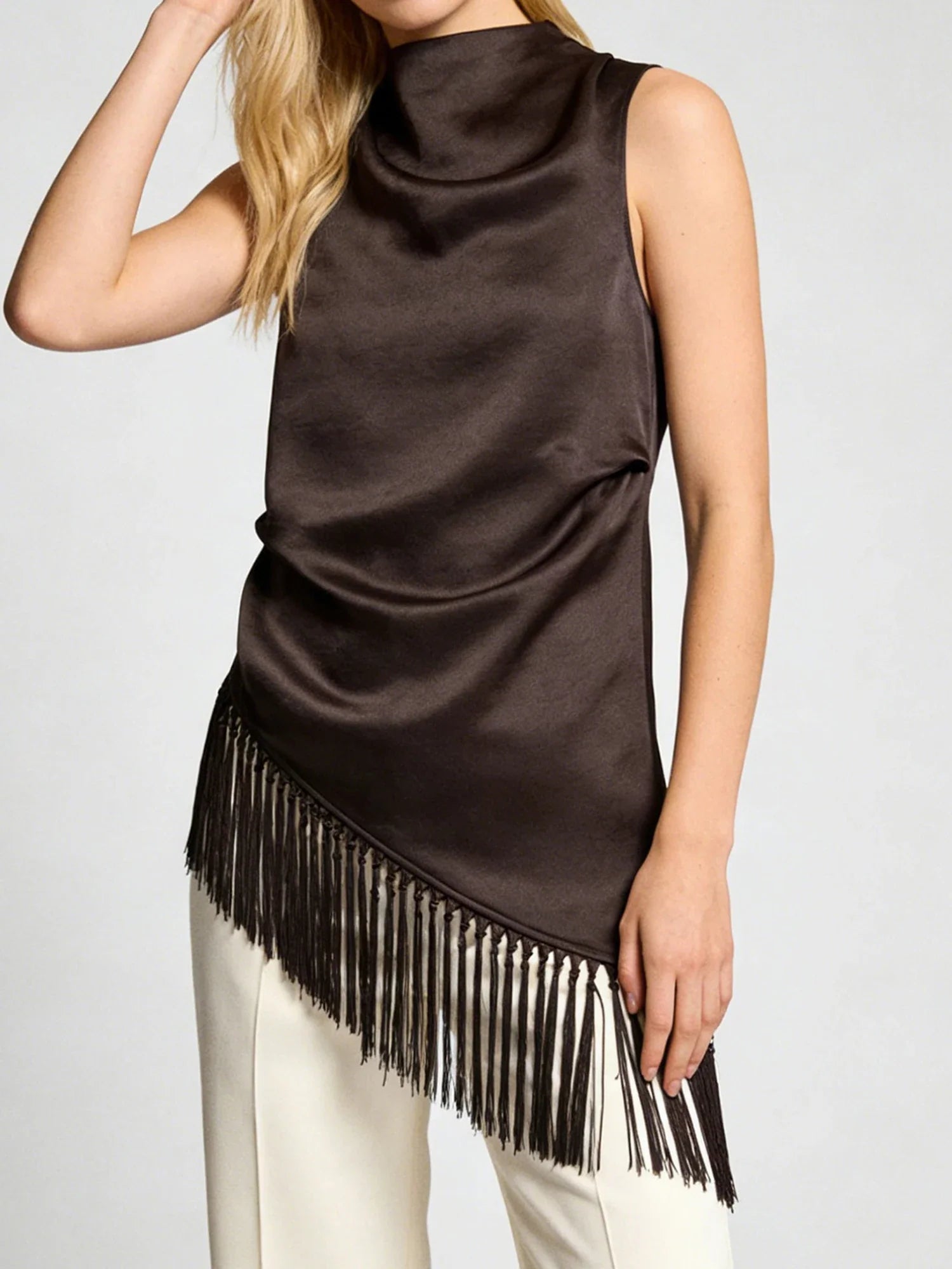 Women Summer Satin Tassel Hem Top | Brown | Sleeveless | High Neck | Long Tank Top