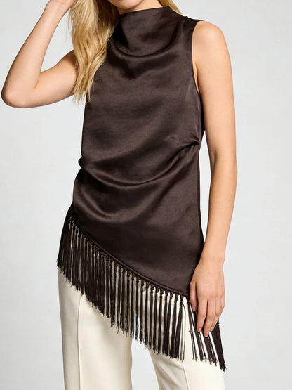 Women Summer Satin Tassel Hem Top | Brown | Sleeveless | High Neck | Long Tank Top