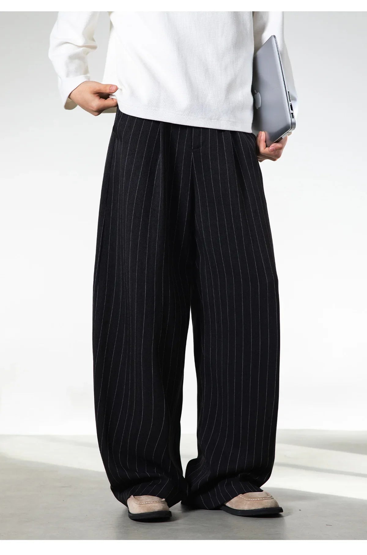 Men Classic Striped Pleated Wide Leg Trousers | Baggy | Straight | Dress Pants | Business