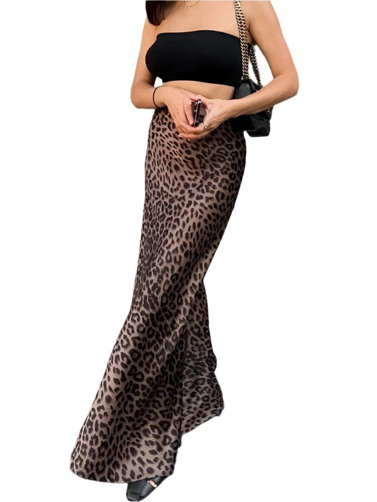 Women Leopard Print Trumpet Long Skirt | High Waisted Office Slim Zipper Skirt
