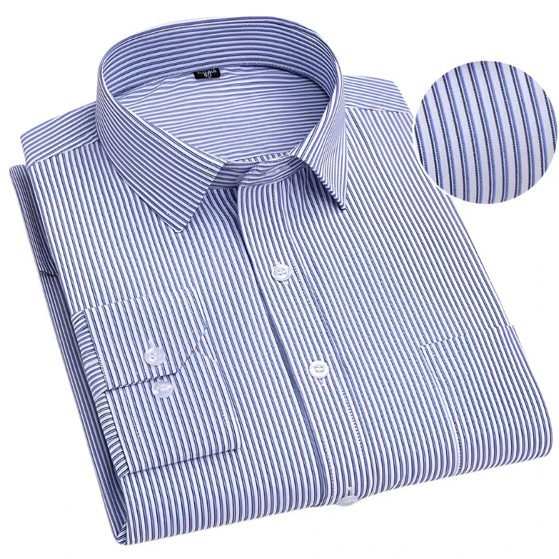 Striped Oxford Long-Sleeve Shirt Men | Soft Plaid Cotton | Slim Fit Formal | Office Wear Dark Blue