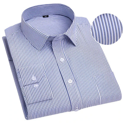 Striped Oxford Long-Sleeve Shirt Men | Soft Plaid Cotton | Slim Fit Formal | Office Wear Dark Blue
