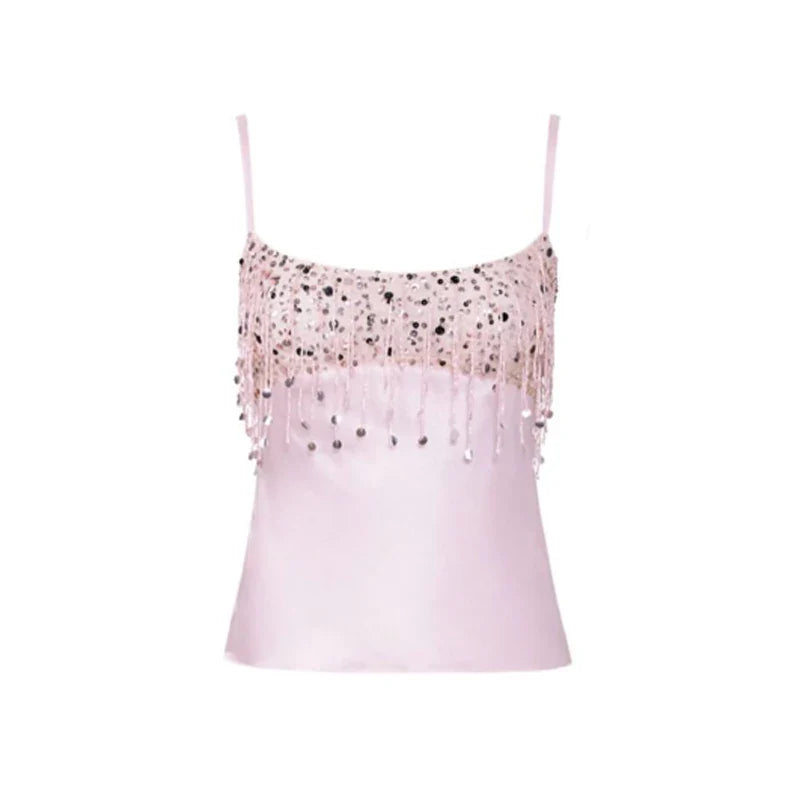 Women Pink Summer Tassel Top With Mini Skirt Set | Sequin Crop Top | Backless pink Top