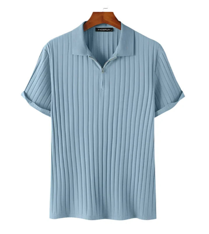 Men Casual Zipper Knitted Shirt | Summer Breathable Lapel Short Sleeve Blue